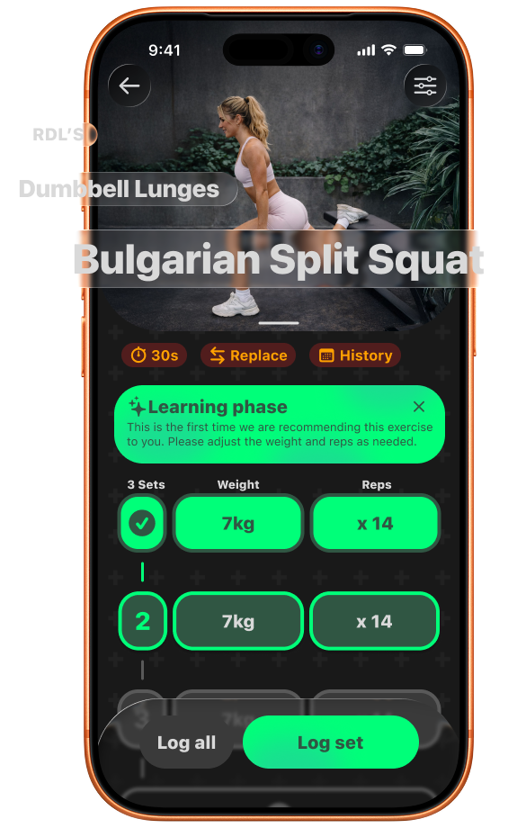 Bod AI app showing an exercise detail view with sets, weight and reps