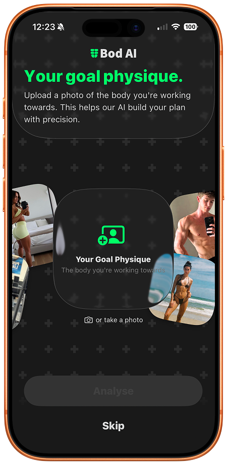Bod AI app showing the goal physique upload view