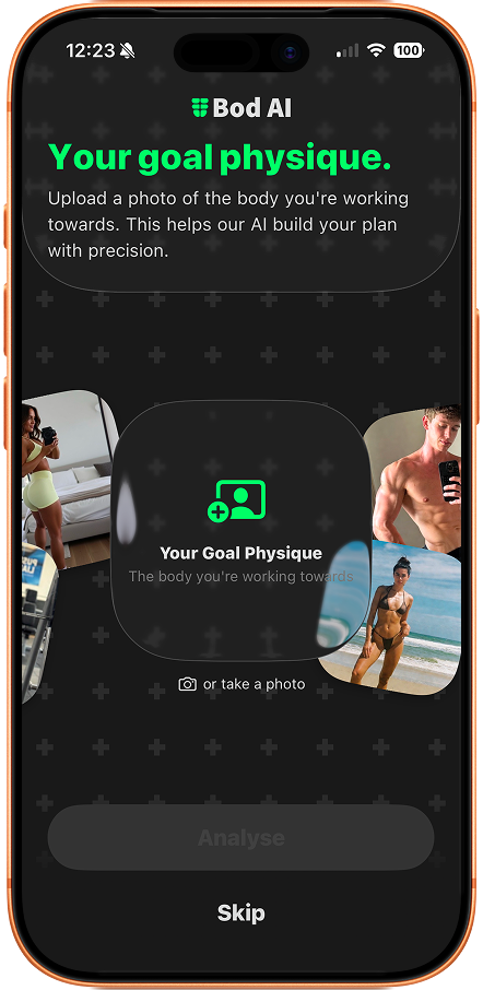 Bod AI app showing the goal physique upload view