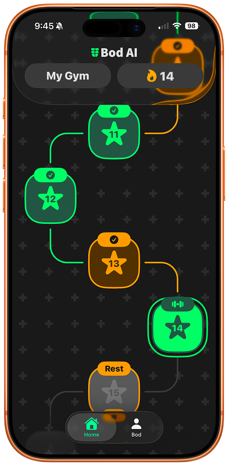 Bod AI home view showing a simple tile system for daily progress